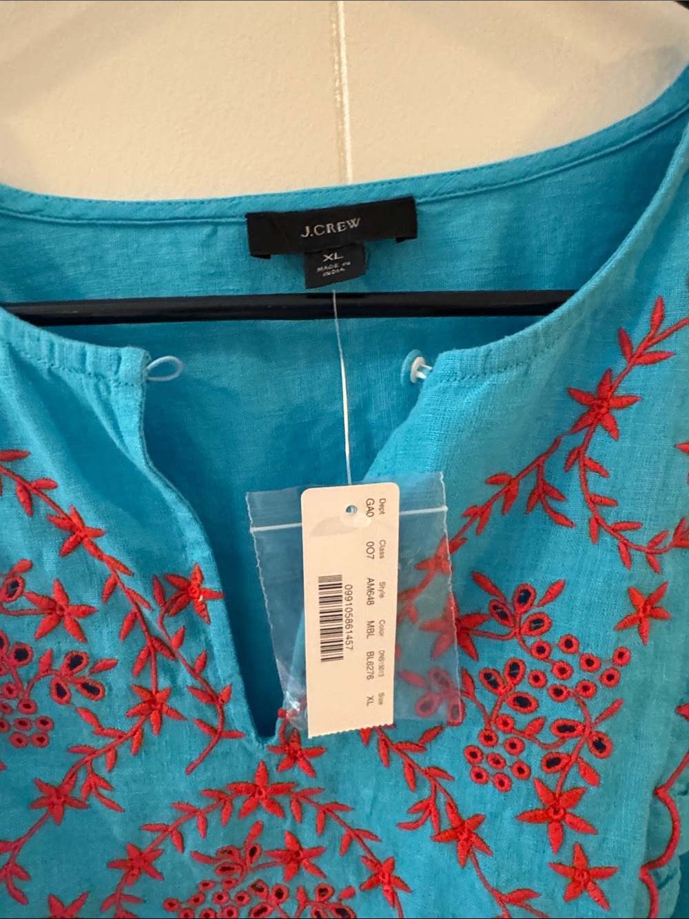 J. Crew Turquoise Linen Embroidered Tunic - Picture 2 of 3